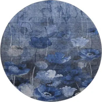 8' Blue Ivory And Gray Floral Washable Round Rug With UV Protection