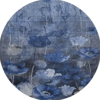 8' Blue Ivory And Gray Floral Washable Round Rug With UV Protection