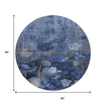 8' Blue Ivory And Gray Floral Washable Round Rug With UV Protection