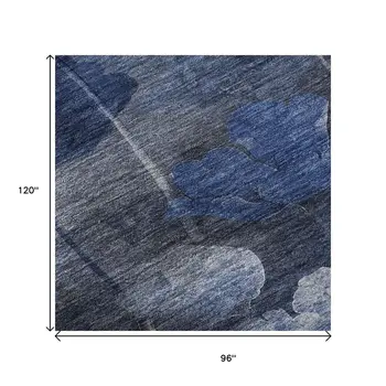 8' X 10' Blue Ivory And Gray Floral Washable Area Rug With UV Protection
