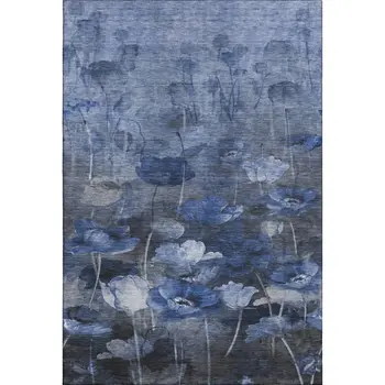 9' X 12' Blue Ivory And Gray Floral Washable Area Rug With UV Protection