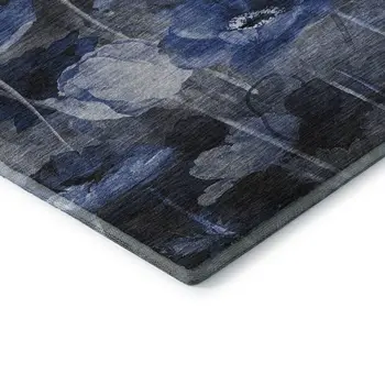 9' X 12' Blue Ivory And Gray Floral Washable Area Rug With UV Protection