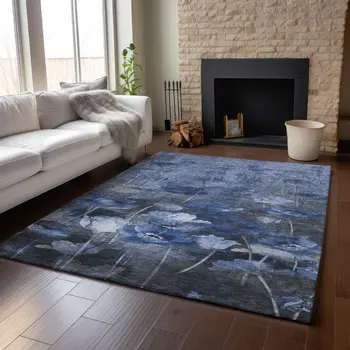 9' X 12' Blue Ivory And Gray Floral Washable Area Rug With UV Protection