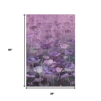 3' X 5' Purple Gray And Ivory Floral Washable Area Rug With UV Protection