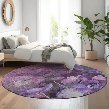 8' Purple Gray And Ivory Floral Washable Round Rug With UV Protection