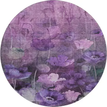8' Purple Gray And Ivory Floral Washable Round Rug With UV Protection