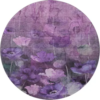 8' Purple Gray And Ivory Floral Washable Round Rug With UV Protection
