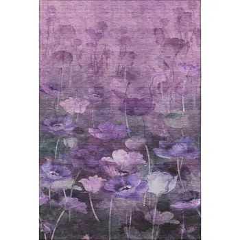 8' X 10' Purple Gray And Ivory Floral Washable Area Rug With UV Protection