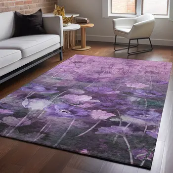 10' X 14' Purple Gray And Ivory Floral Washable Area Rug With UV Protection