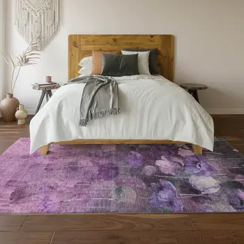 10' X 14' Purple Gray And Ivory Floral Washable Area Rug With UV Protection