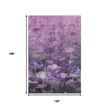 10' X 14' Purple Gray And Ivory Floral Washable Area Rug With UV Protection