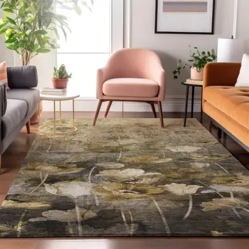 3' X 5' Taupe Gold And Ivory Floral Washable Area Rug With UV Protection