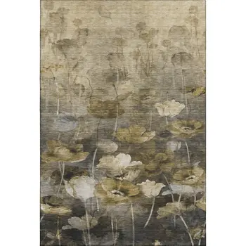 5' X 8' Taupe Gold And Ivory Floral Washable Area Rug With UV Protection