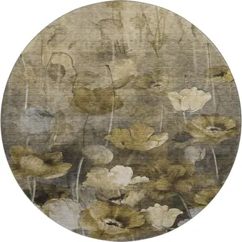 8' Taupe Gold And Ivory Floral Washable Round Rug With UV Protection