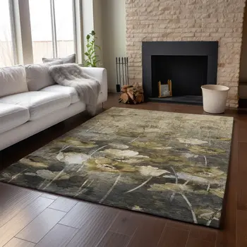 10' X 14' Taupe Gold And Ivory Floral Washable Area Rug With UV Protection