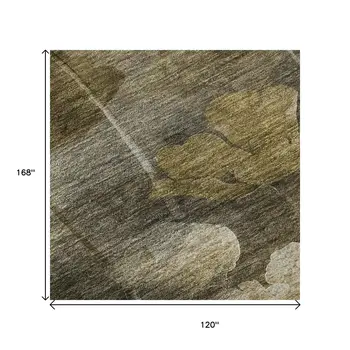 10' X 14' Taupe Gold And Ivory Floral Washable Area Rug With UV Protection