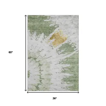 3' X 5' Artichoke Green Gold And Ivory Abstract Washable Area Rug With UV Protection