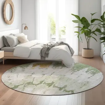 8' Artichoke Green Gold And Ivory Abstract Washable Round Rug With UV Protection