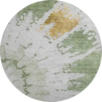 8' Artichoke Green Gold And Ivory Abstract Washable Round Rug With UV Protection
