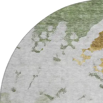 8' Artichoke Green Gold And Ivory Abstract Washable Round Rug With UV Protection