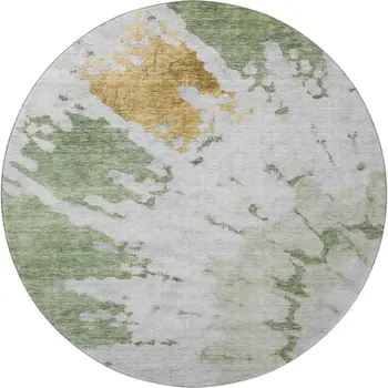 8' Artichoke Green Gold And Ivory Abstract Washable Round Rug With UV Protection