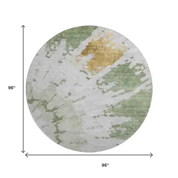 8' Artichoke Green Gold And Ivory Abstract Washable Round Rug With UV Protection
