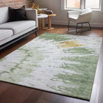 8' X 10' Artichoke Green Gold And Ivory Abstract Washable Area Rug With UV Protection