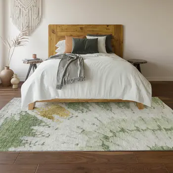 8' X 10' Artichoke Green Gold And Ivory Abstract Washable Area Rug With UV Protection