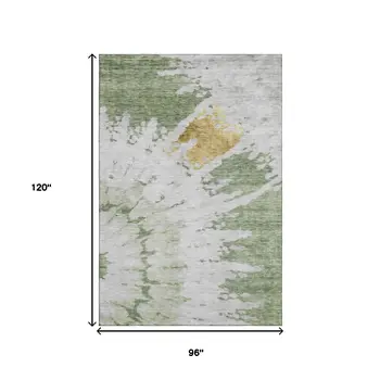 8' X 10' Artichoke Green Gold And Ivory Abstract Washable Area Rug With UV Protection
