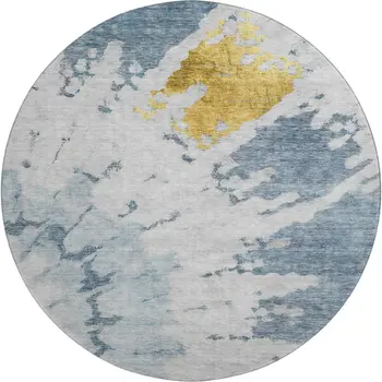 8' Blue Gold And Ivory Abstract Washable Round Rug With UV Protection