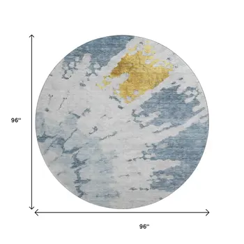 8' Blue Gold And Ivory Abstract Washable Round Rug With UV Protection