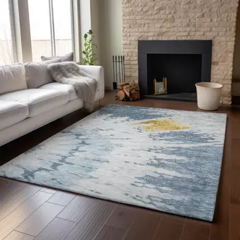 8' X 10' Blue Gold And Ivory Abstract Washable Area Rug With UV Protection