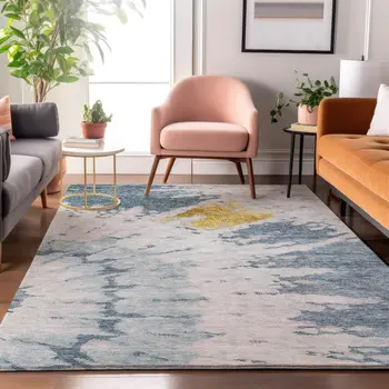 9' X 12' Blue Gold And Ivory Abstract Washable Area Rug With UV Protection