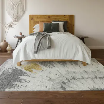 5' X 8' Gray Gold And Ivory Abstract Washable Area Rug With UV Protection