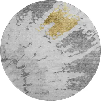 8' Gray Gold And Ivory Abstract Washable Round Rug With UV Protection