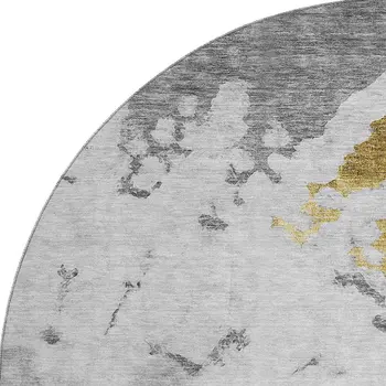 8' Gray Gold And Ivory Abstract Washable Round Rug With UV Protection