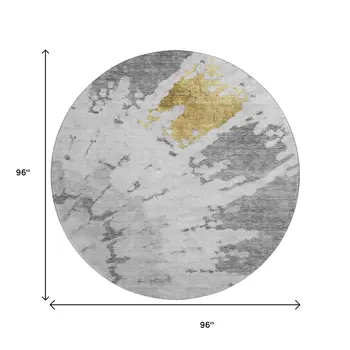 8' Gray Gold And Ivory Abstract Washable Round Rug With UV Protection