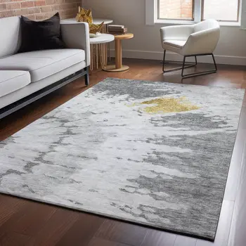 8' X 10' Gray Gold And Ivory Abstract Washable Area Rug With UV Protection