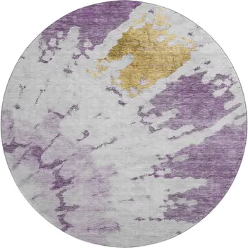 8' Purple Gold And Ivory Abstract Washable Round Rug With UV Protection