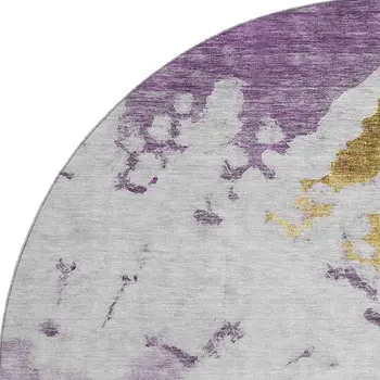 8' Purple Gold And Ivory Abstract Washable Round Rug With UV Protection