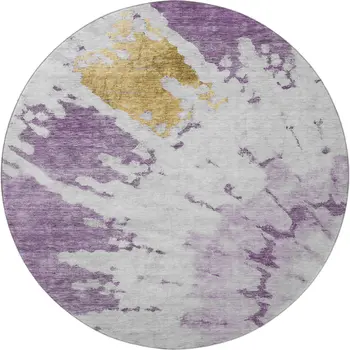 8' Purple Gold And Ivory Abstract Washable Round Rug With UV Protection