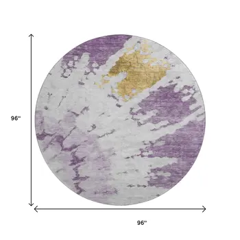 8' Purple Gold And Ivory Abstract Washable Round Rug With UV Protection
