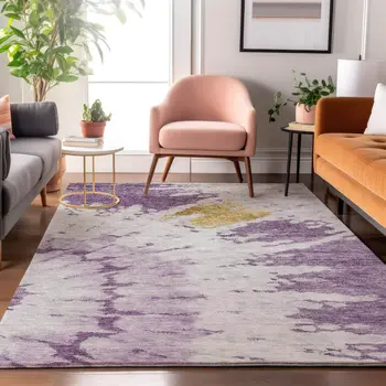 9' X 12' Purple Gold And Ivory Abstract Washable Area Rug With UV Protection