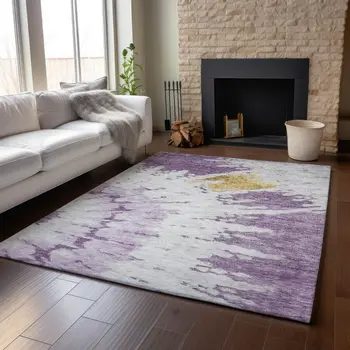 9' X 12' Purple Gold And Ivory Abstract Washable Area Rug With UV Protection