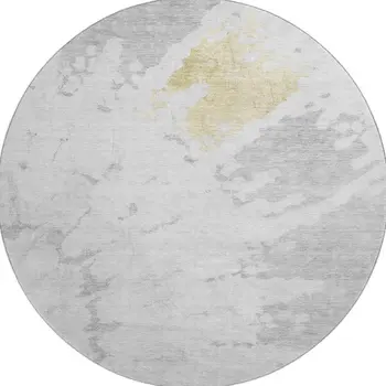 8' Silver Gold And Ivory Abstract Washable Round Rug With UV Protection