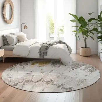 8' Taupe Gold And Ivory Abstract Washable Round Rug With UV Protection