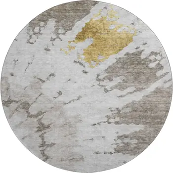 8' Taupe Gold And Ivory Abstract Washable Round Rug With UV Protection