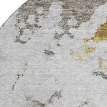 8' Taupe Gold And Ivory Abstract Washable Round Rug With UV Protection