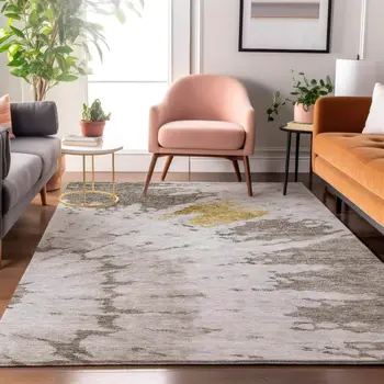 9' X 12' Taupe Gold And Ivory Abstract Washable Area Rug With UV Protection