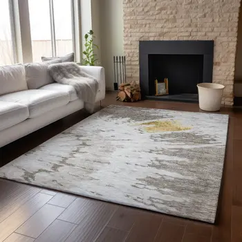 9' X 12' Taupe Gold And Ivory Abstract Washable Area Rug With UV Protection